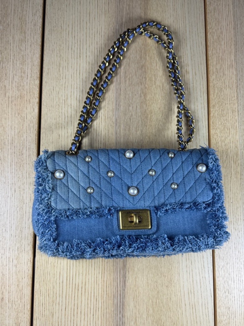 Karl Lagerfeld Blue Quilted Denim Shoulder Bag with Pearl Accents